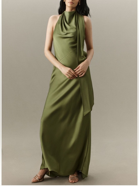 Significant Other Dresses & Skirts - Satin Halter Maxi Dress in Olive Green with Draped Sash
